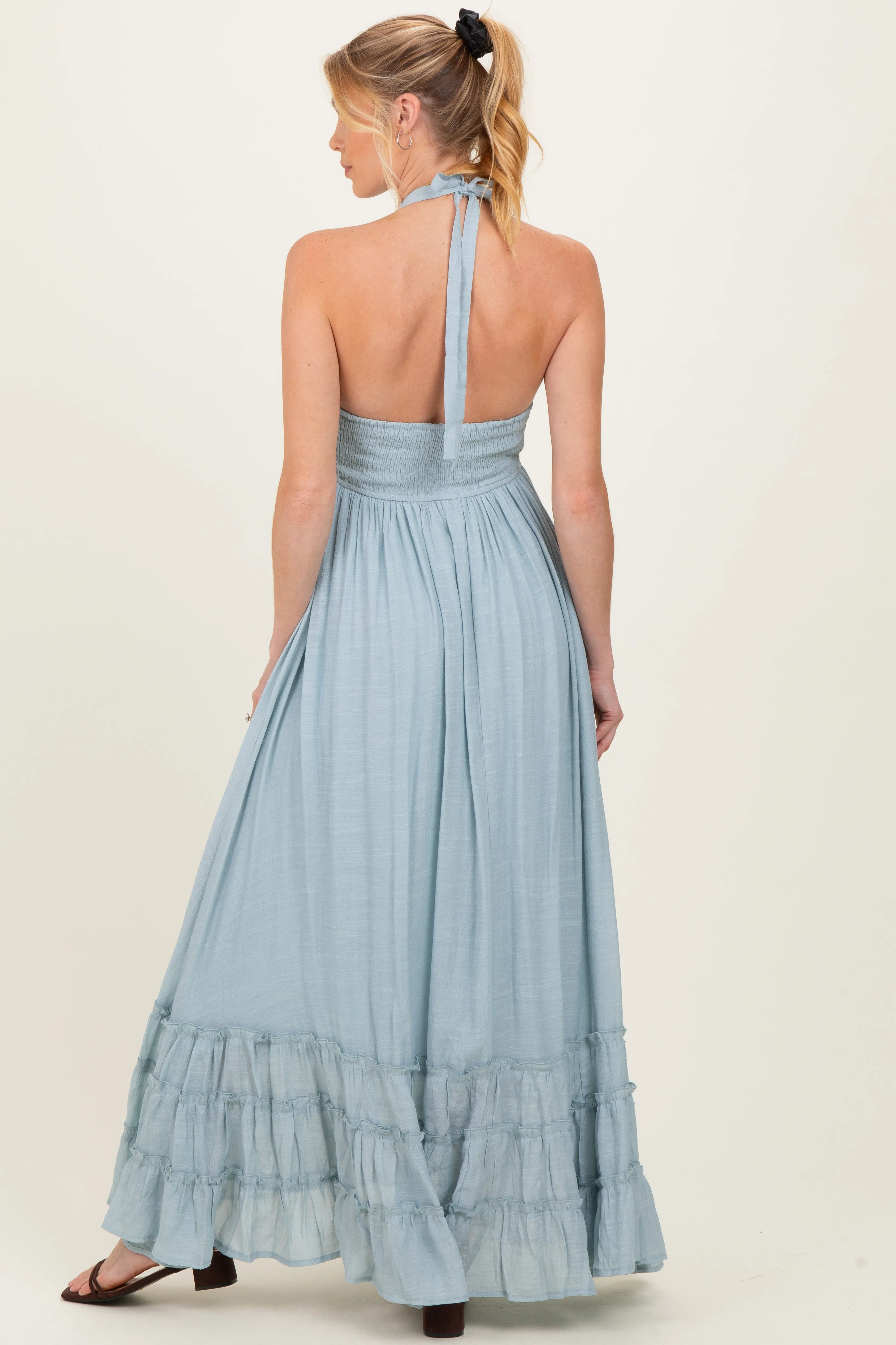 Light Blue Halter Neck Smocked Maternity Maxi Dress sold by Pinkblush product image thumbnail 3