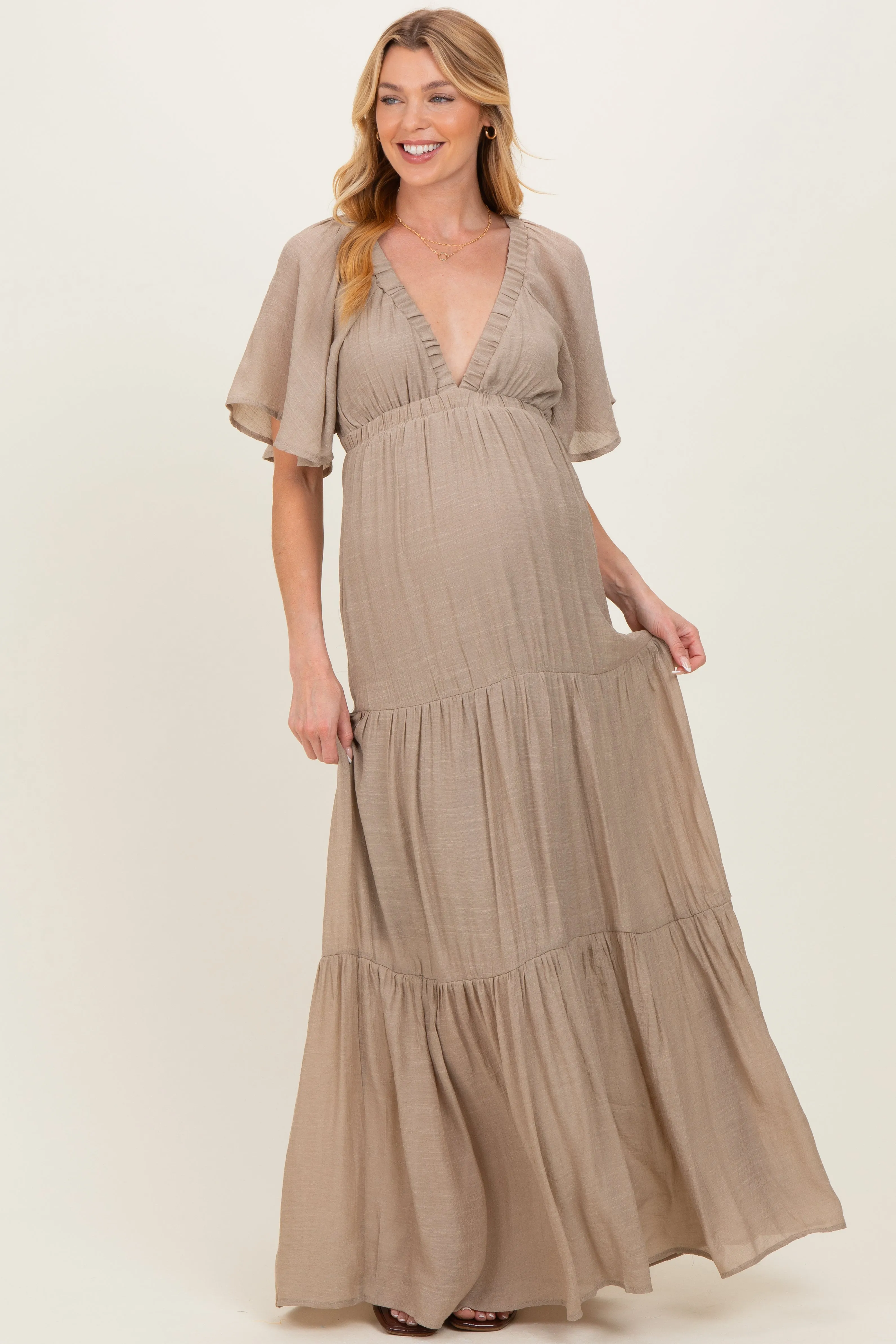Taupe Flutter Sleeve Maternity Maxi Dress sold by Pinkblush product image thumbnail 2
