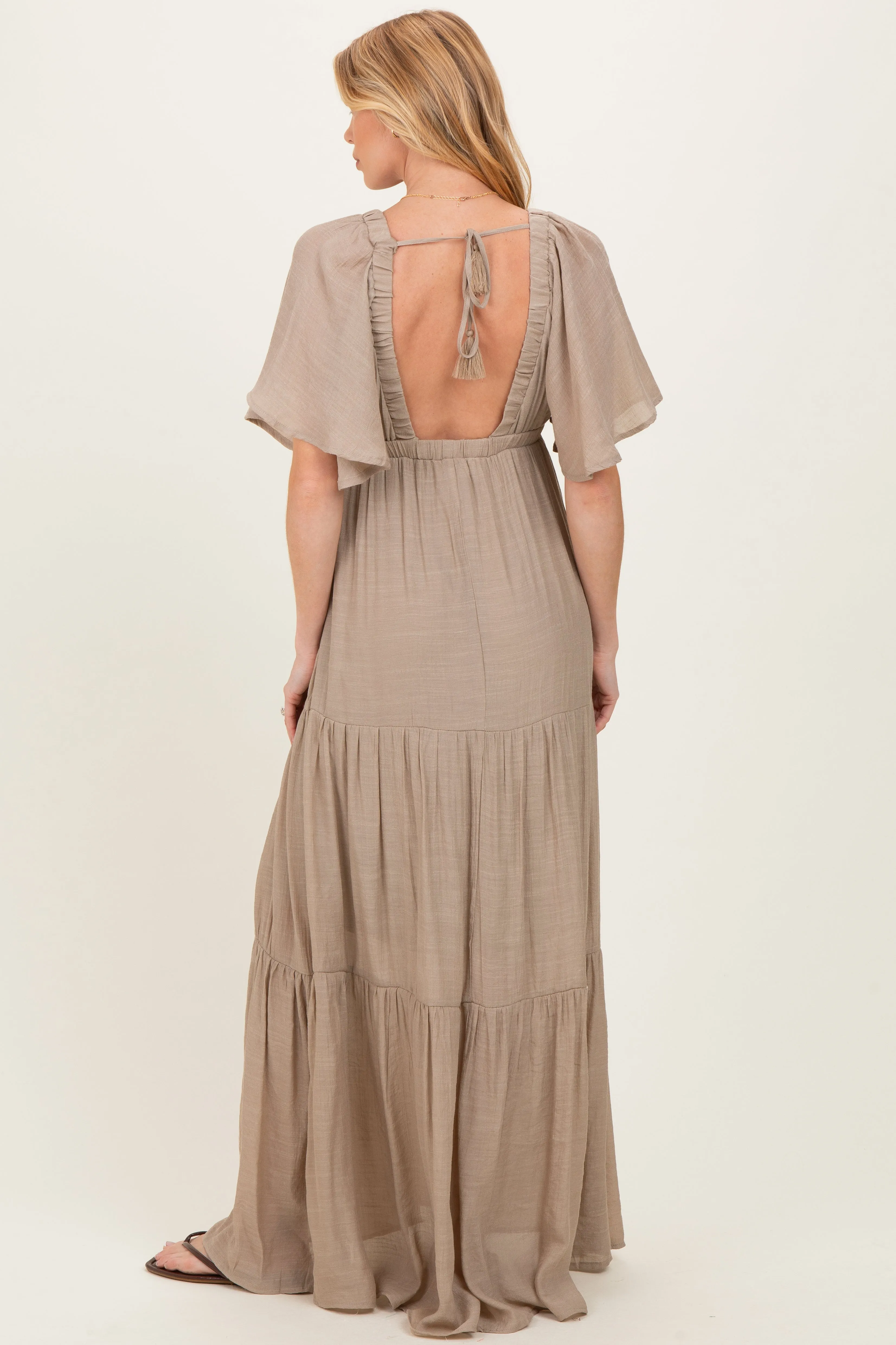 Taupe Flutter Sleeve Maternity Maxi Dress sold by Pinkblush product image thumbnail 3