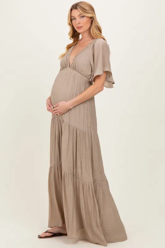 Taupe Flutter Sleeve Maternity Maxi Dress made by HYFVE