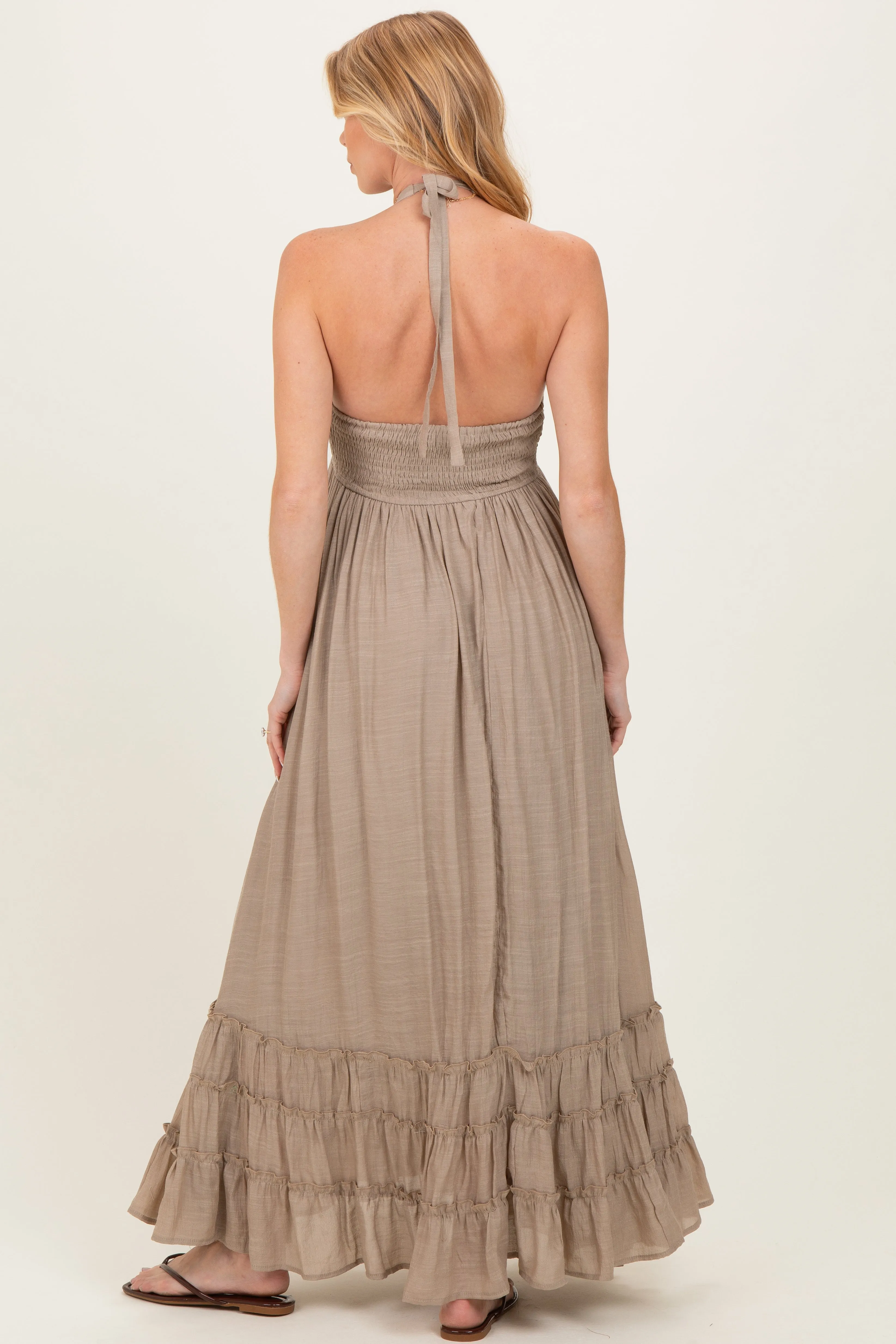 Taupe Halter Neck Smocked Maternity Maxi Dress sold by Pinkblush product image thumbnail 3