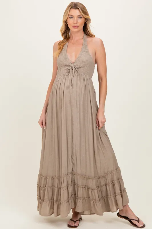 Taupe Halter Neck Smocked Maternity Maxi Dress made by HYFVE