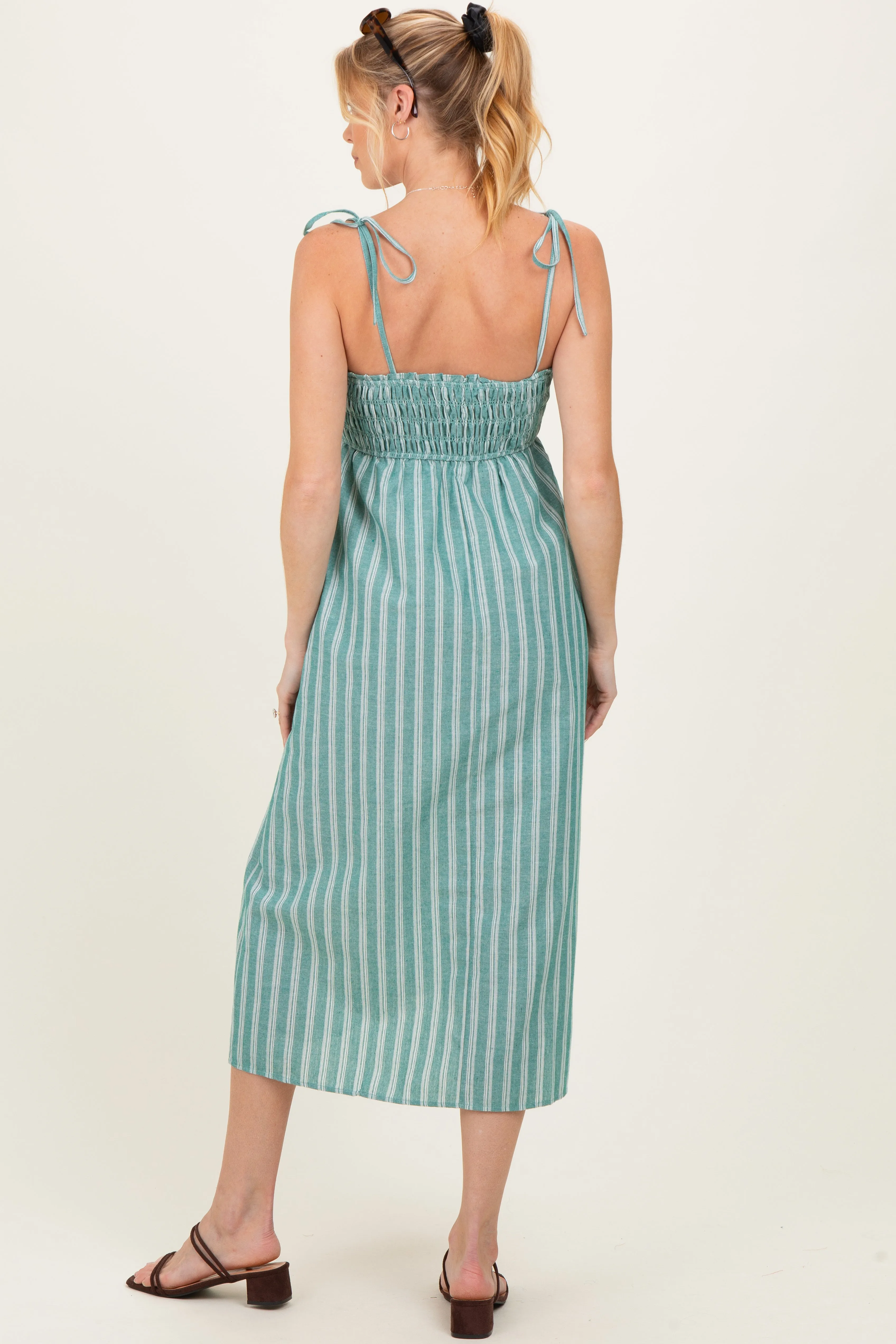 Jade Green Striped Smocked Shoulder Tie Maternity Midi Dress sold by Pinkblush product image thumbnail 3