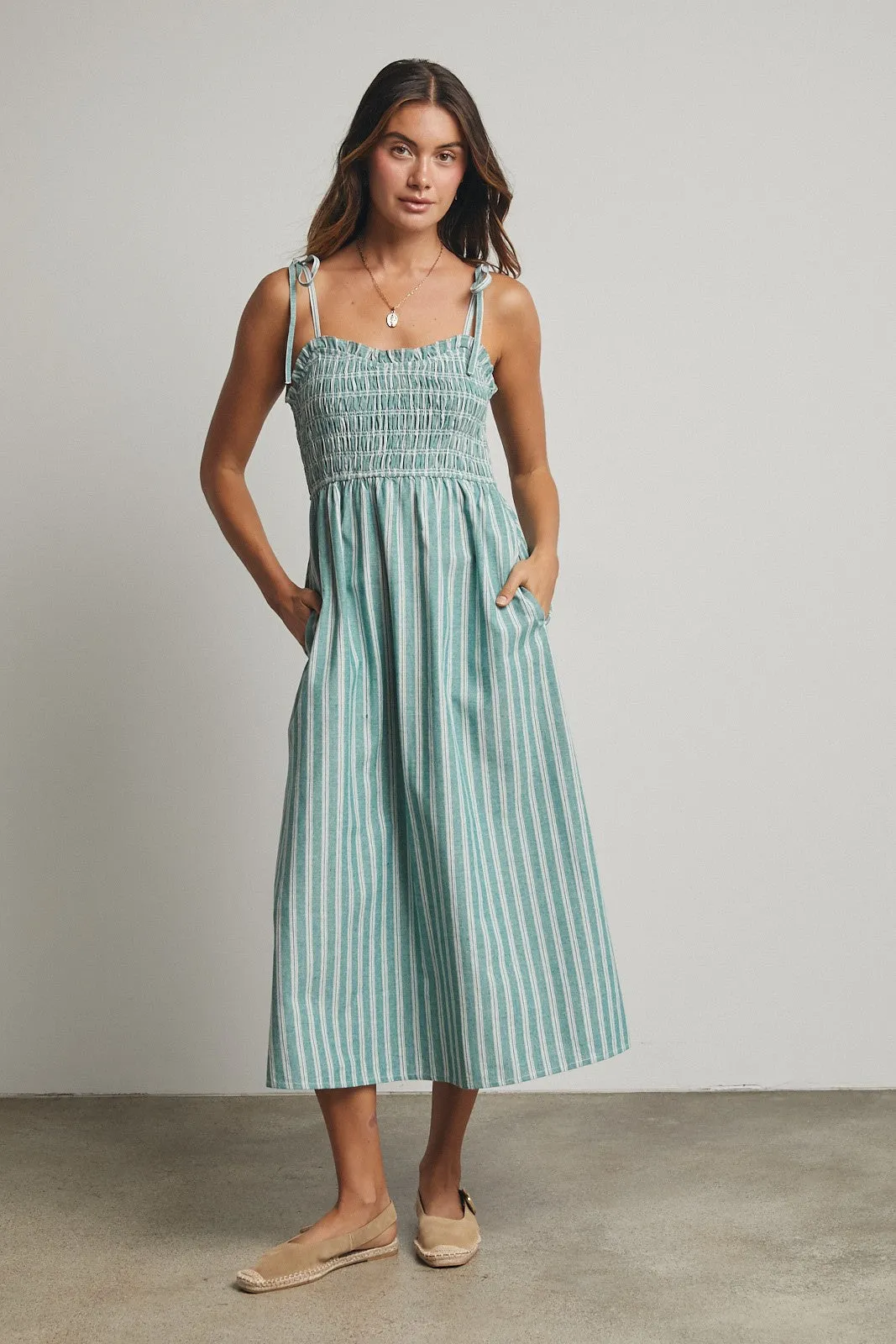 Jade Green Striped Smocked Shoulder Tie Maternity Midi Dress sold by Pinkblush product image thumbnail 4
