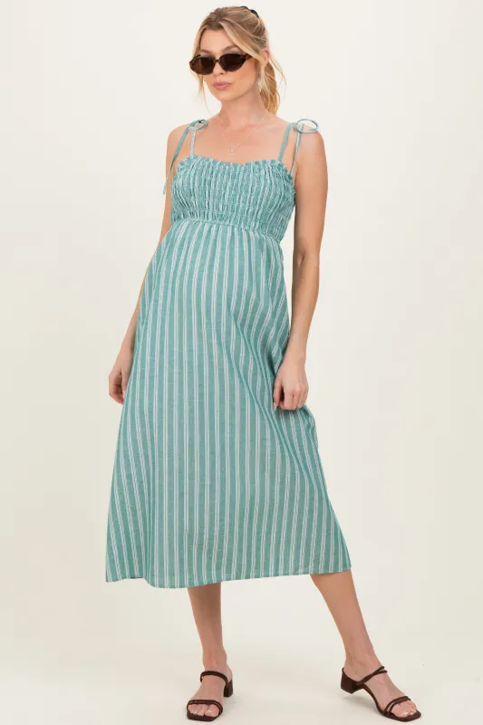 Jade Green Striped Smocked Shoulder Tie Maternity Midi Dress made by Wishlist