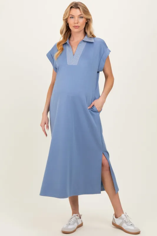Blue Striped Collared Side Slit Maternity Midi Dress sold by Pinkblush