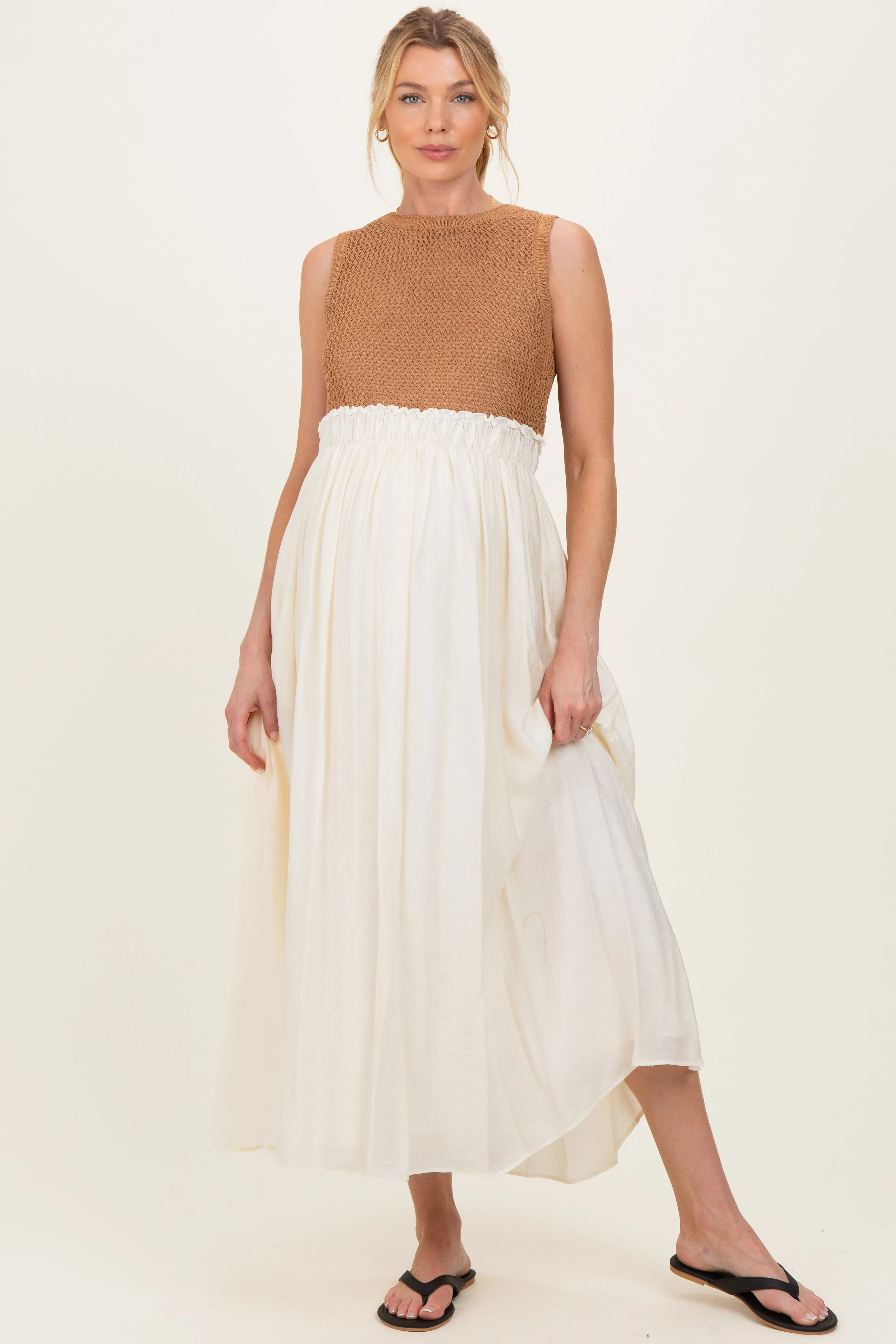 Mocha Knit Bodice Contrast Skirt Maternity Maxi Dress sold by Pinkblush