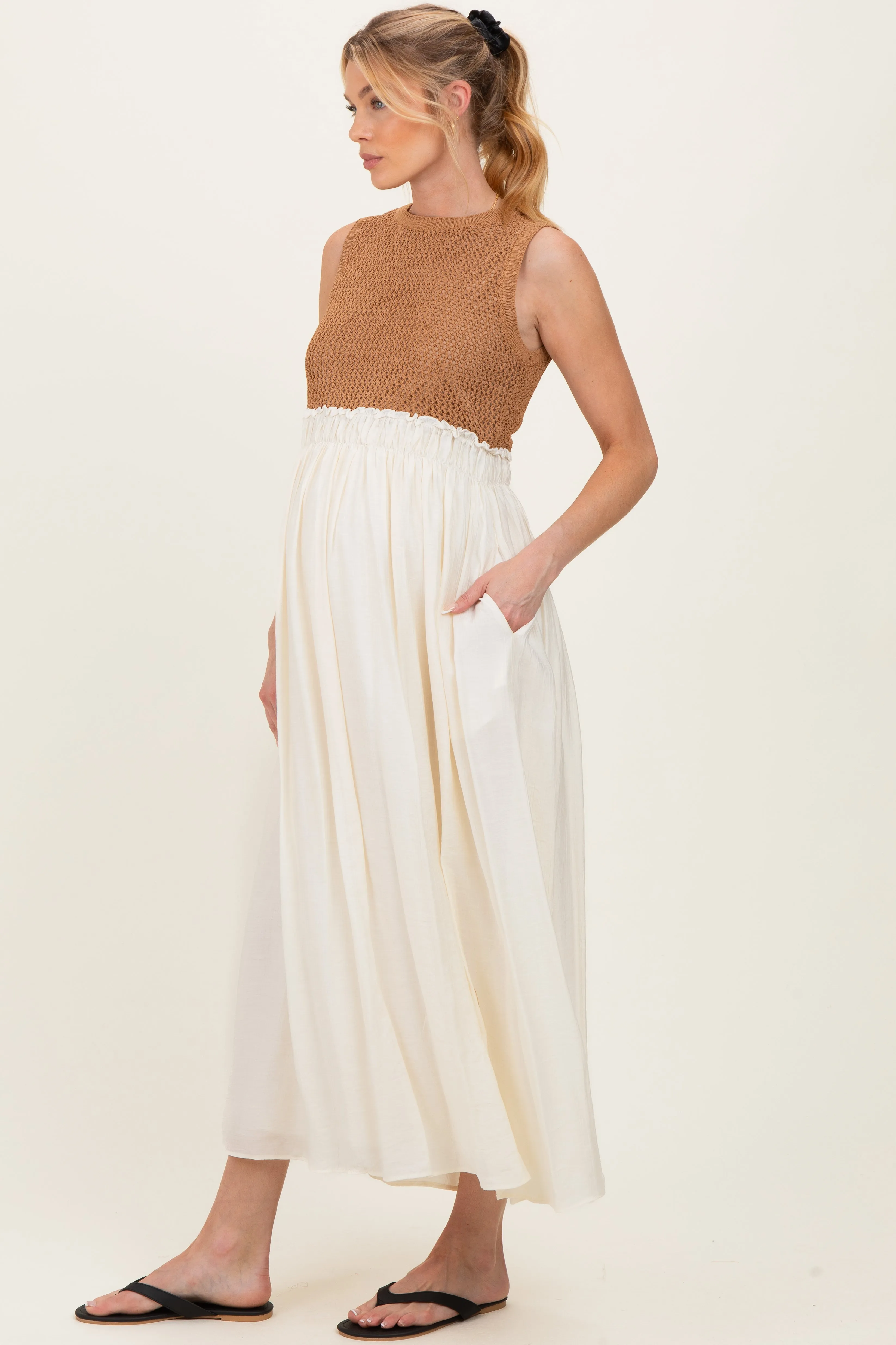 Mocha Knit Bodice Contrast Skirt Maternity Maxi Dress sold by Pinkblush product image thumbnail 2