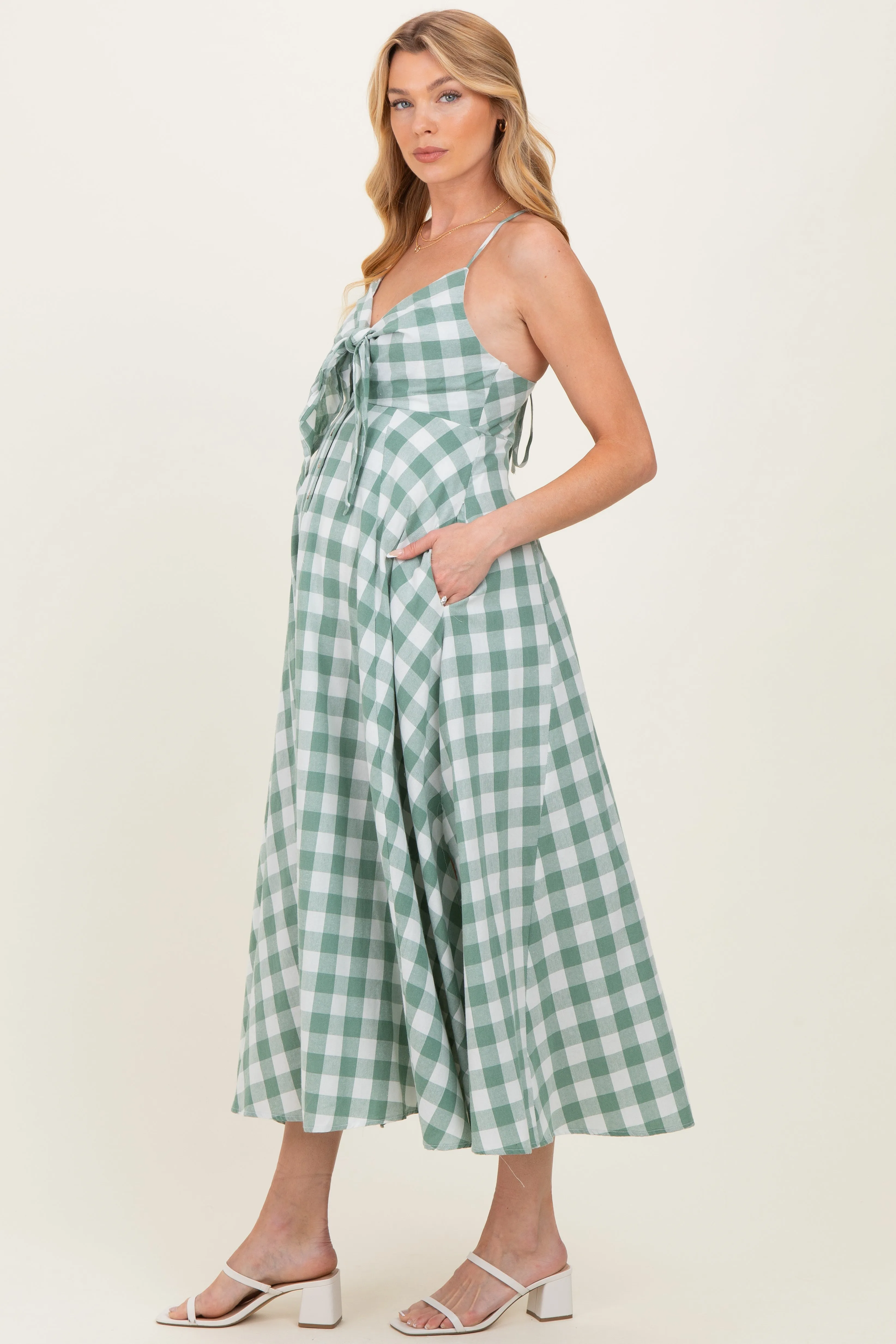 Basil Gingham Tie Front Racerback Maternity Midi Dress sold by Pinkblush product image thumbnail 3