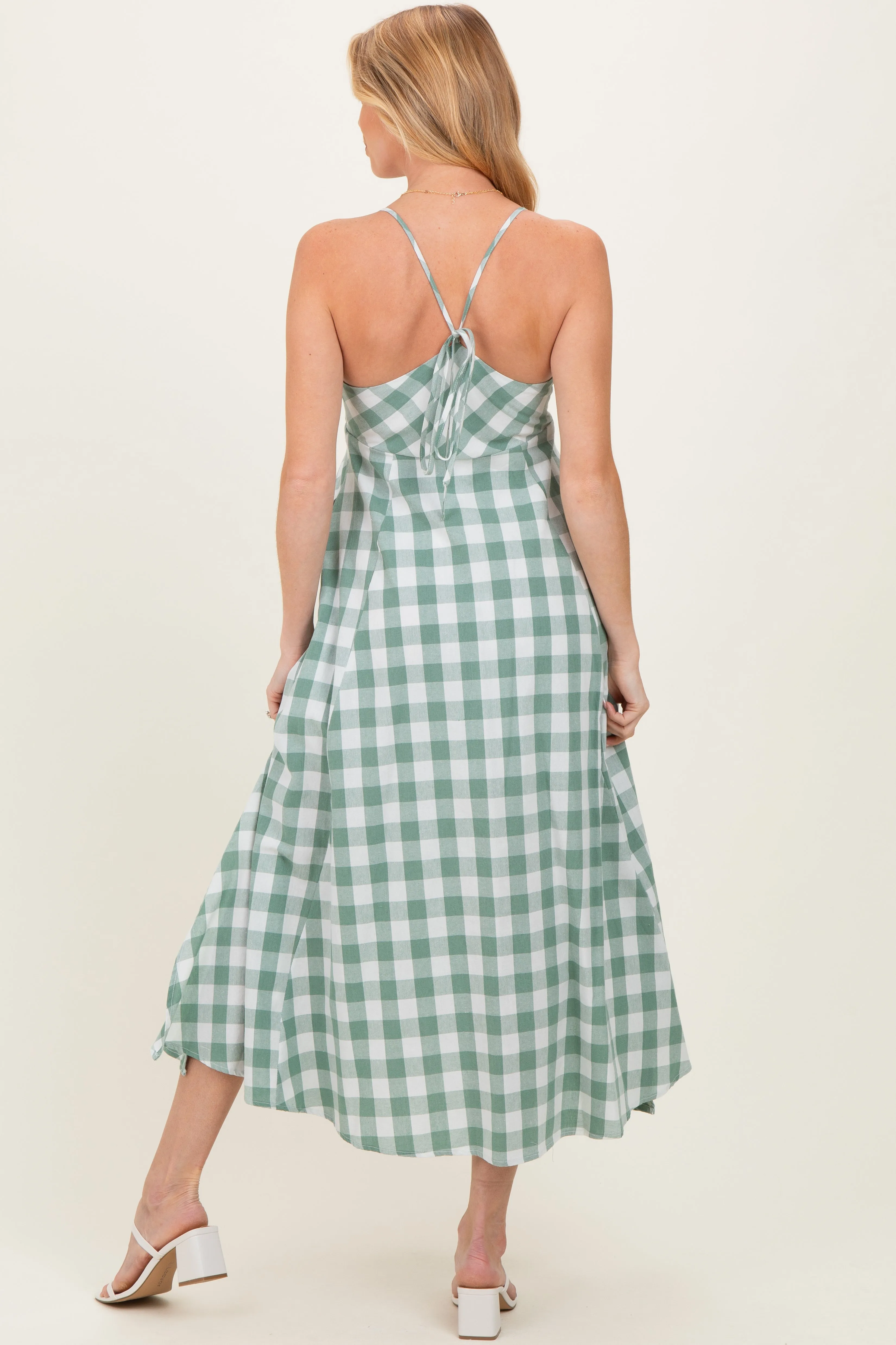 Basil Gingham Tie Front Racerback Maternity Midi Dress sold by Pinkblush product image thumbnail 4