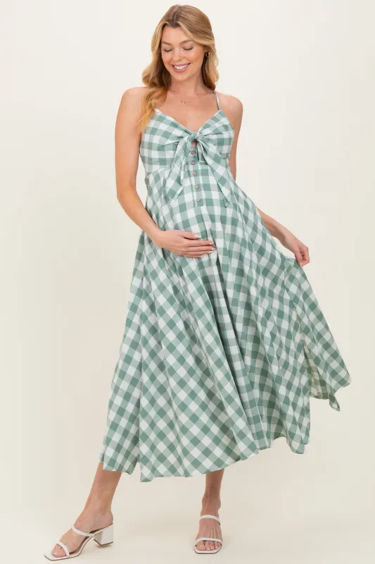 Basil Gingham Tie Front Racerback Maternity Midi Dress made by Pinkblush