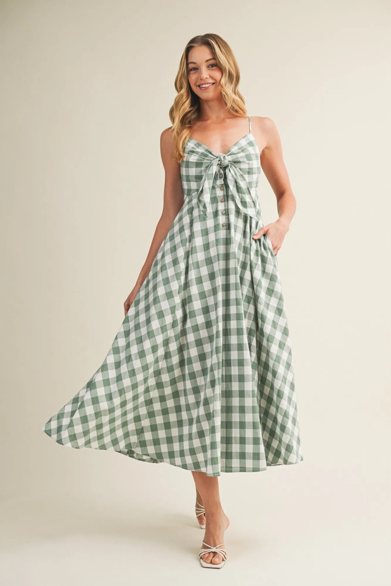 Basil Gingham Tie Front Racerback Maternity Midi Dress sold by Pinkblush product image thumbnail 5
