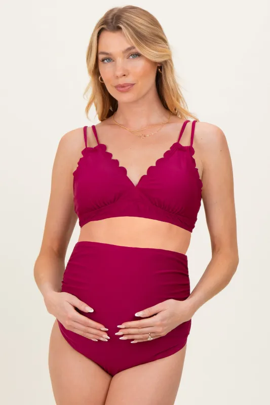 Burgundy Scalloped V-Neck High Waist Two-Piece Maternity Swimsuit made by Pinkblush