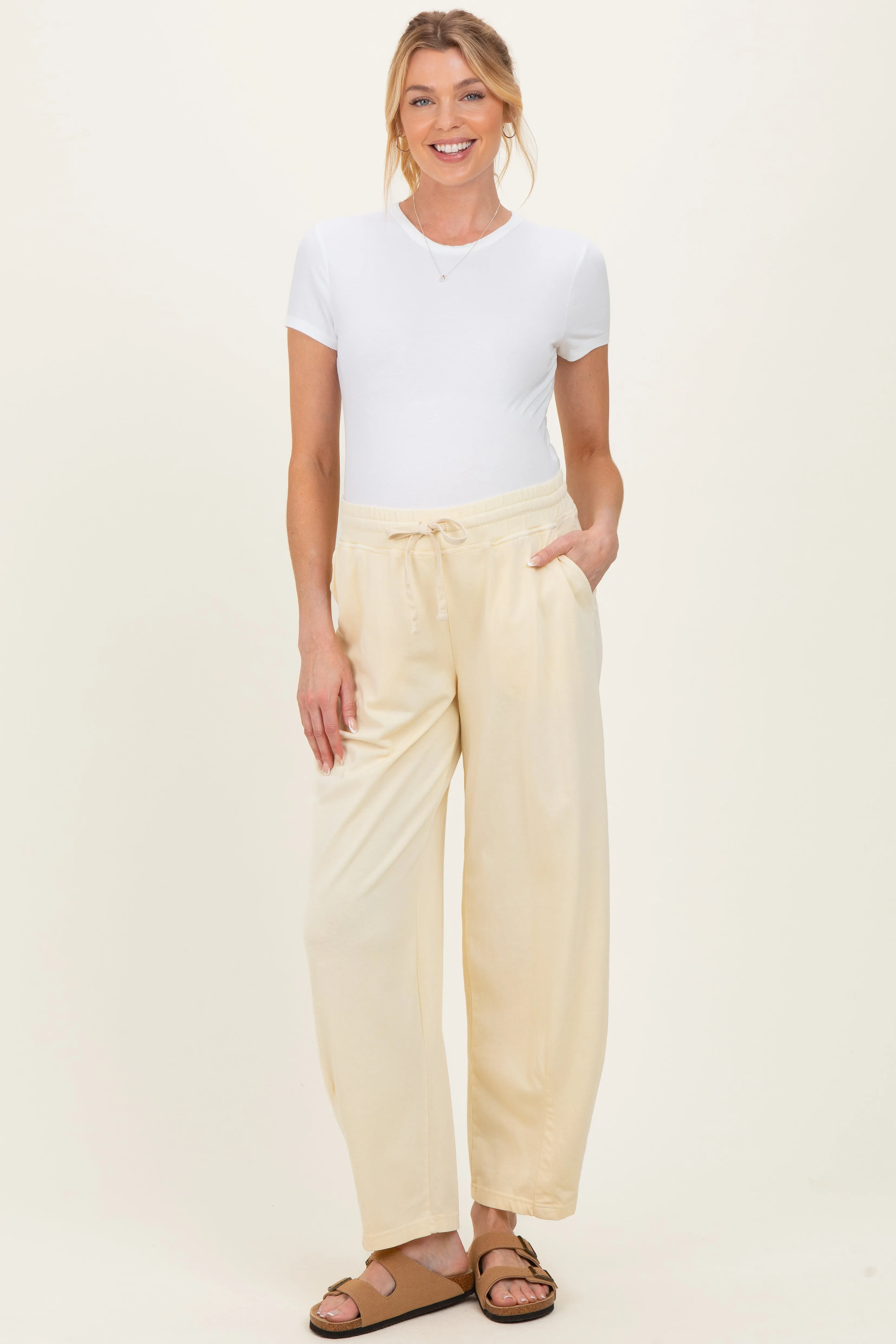 Yellow Mineral Wash Barrel Leg Maternity Lounge Pants sold by Pinkblush product image thumbnail 2
