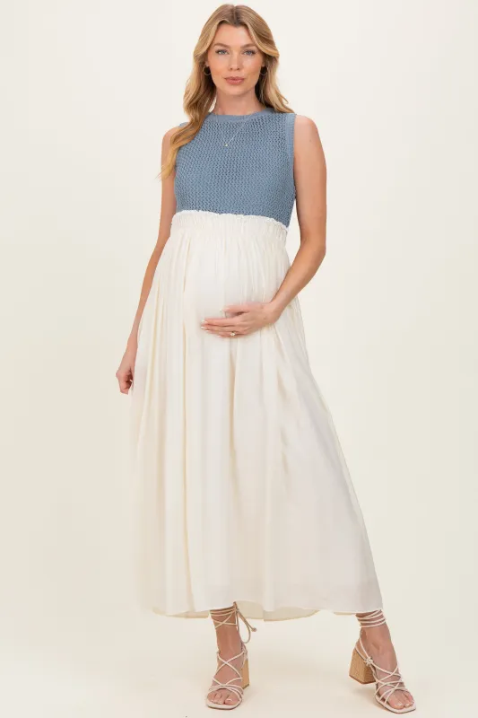 Dusty Blue Knit Bodice Contrast Skirt Maternity Maxi Dress made by In February