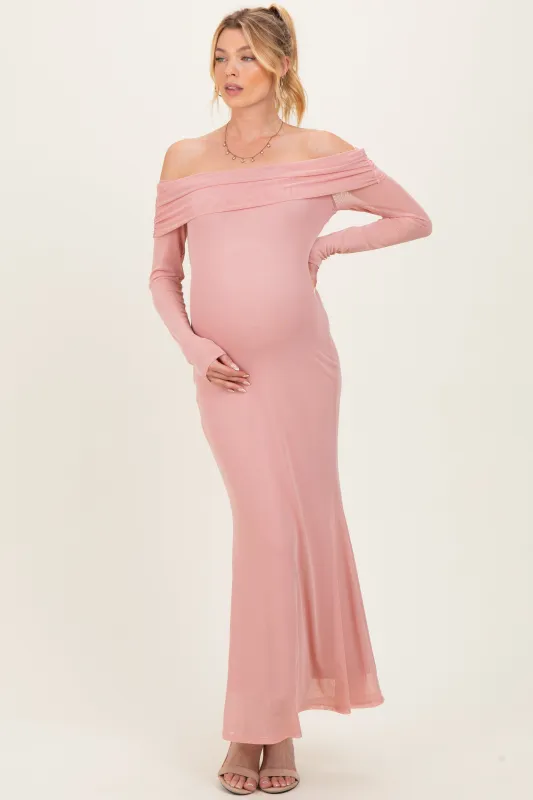 Mauve Mesh Overlay Off Shoulder Long Sleeve Maternity Midi Dress made by Fore Collection