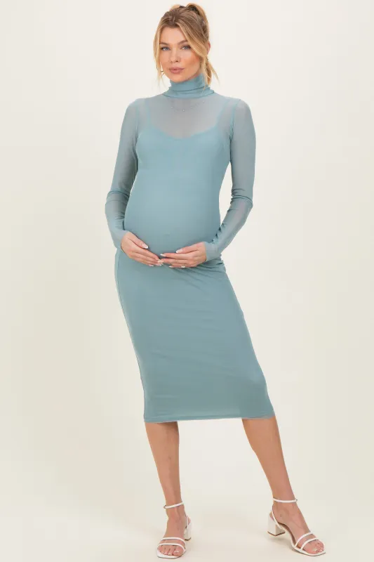Jade Mesh Overlay Fitted Maternity Midi Dress made by Fore Collection