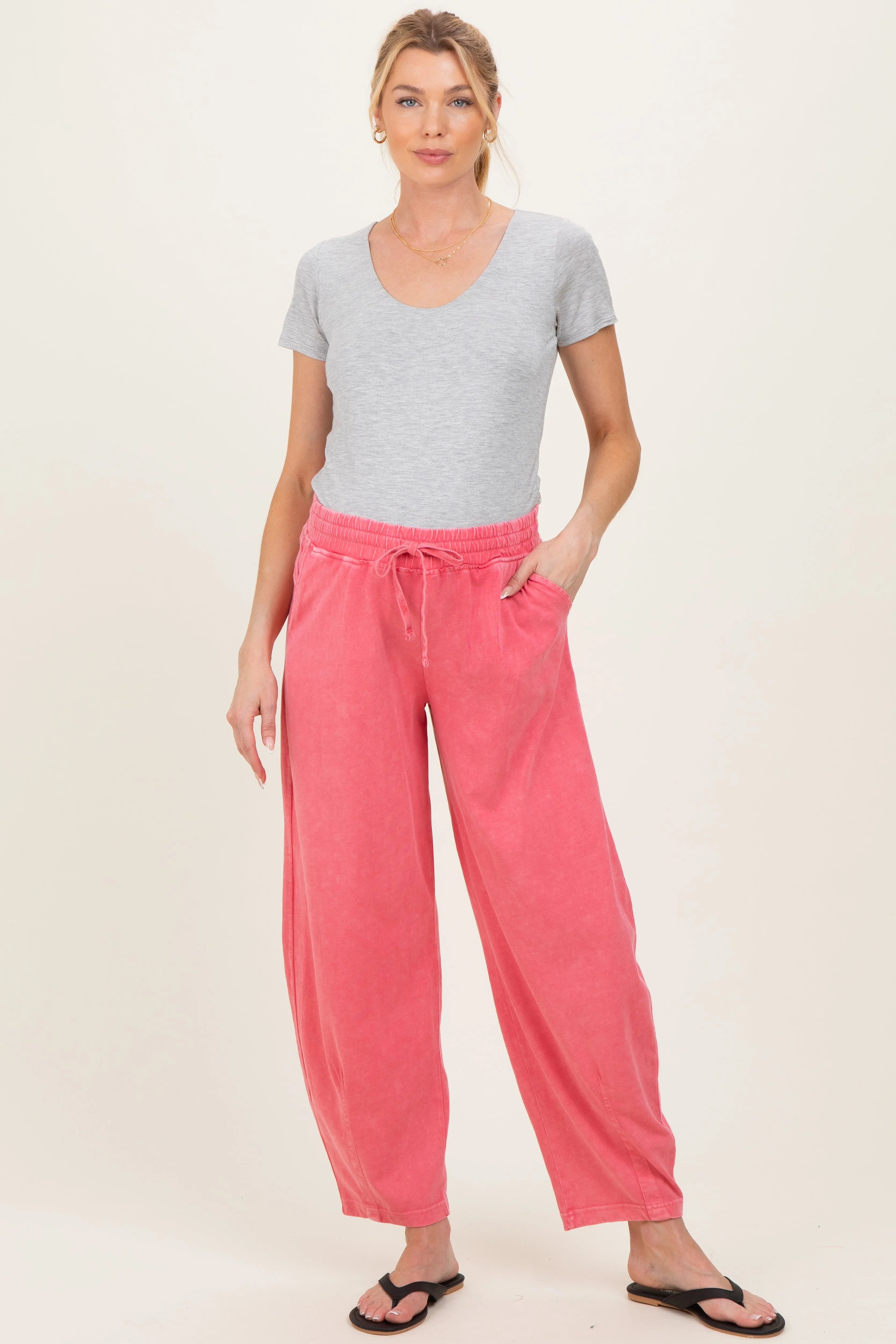 Strawberry Mineral Wash Barrel Leg Maternity Lounge Pants sold by Pinkblush