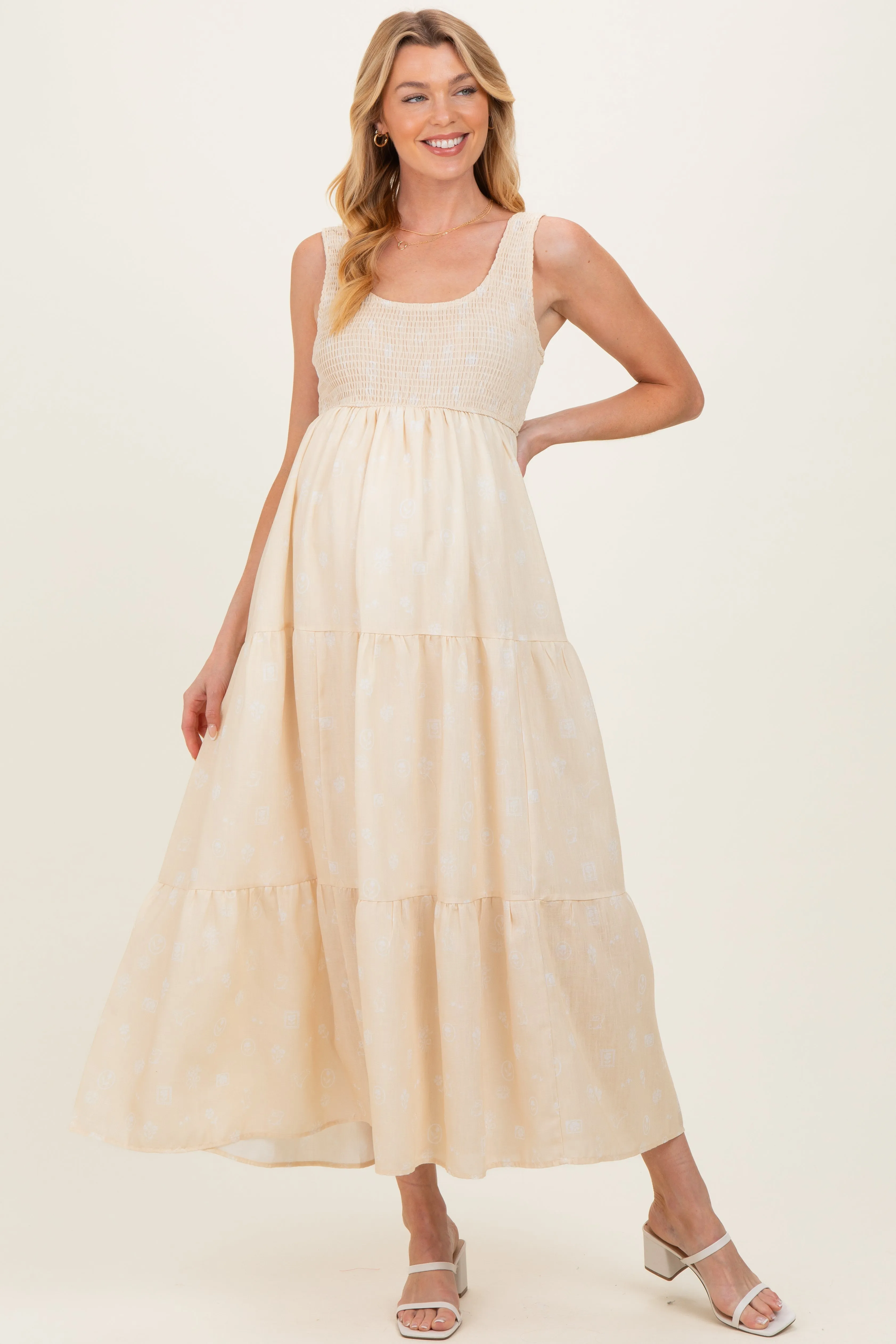 Light Yellow Floral Tiered Maternity Maxi Dress sold by Pinkblush