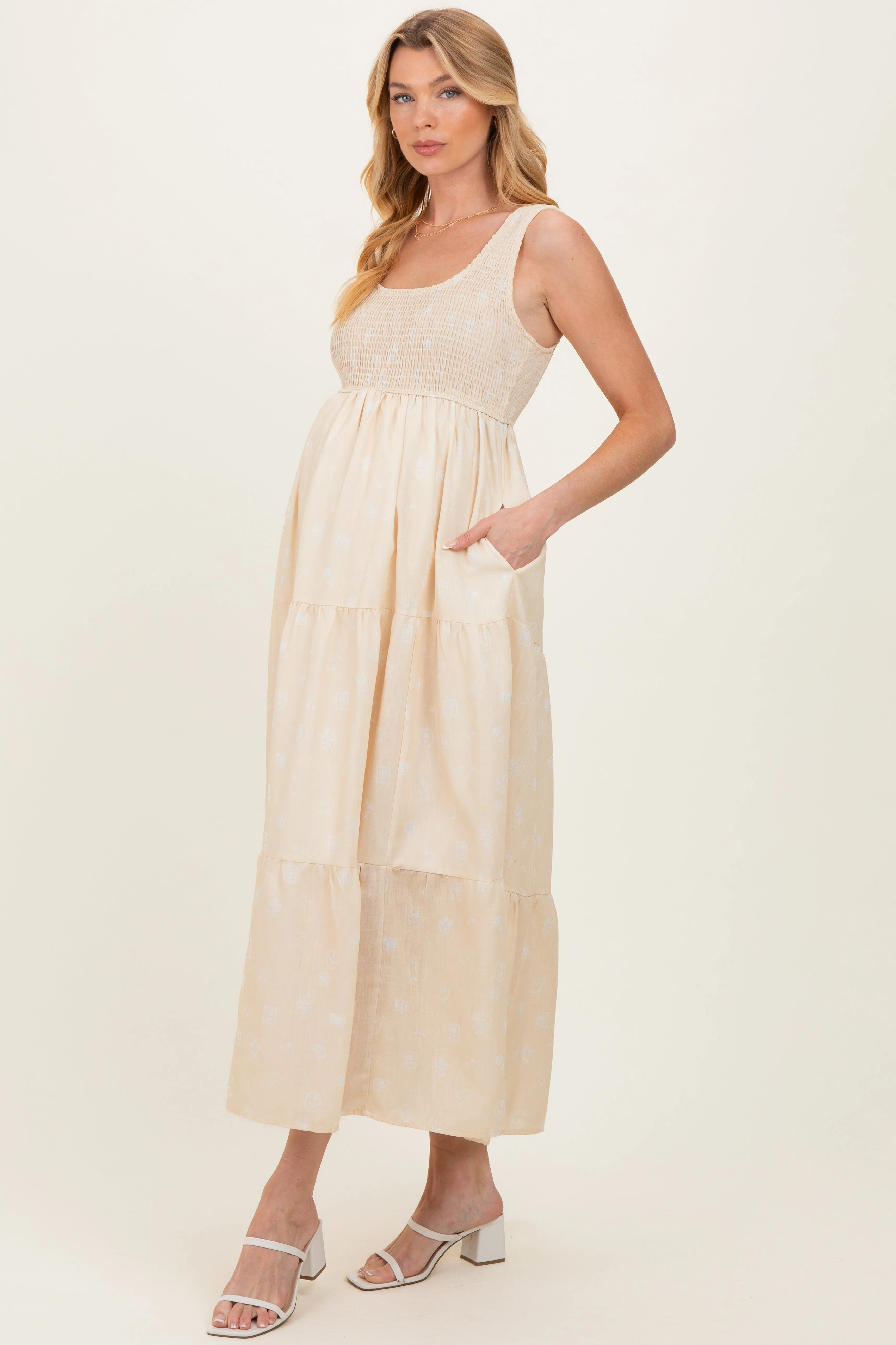 Light Yellow Floral Tiered Maternity Maxi Dress sold by Pinkblush product image thumbnail 2