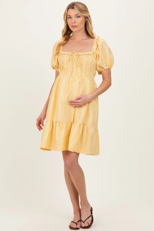 Yellow Gingham Smocked Ruffled Puff Sleeve Maternity Dress made by Pinkblush