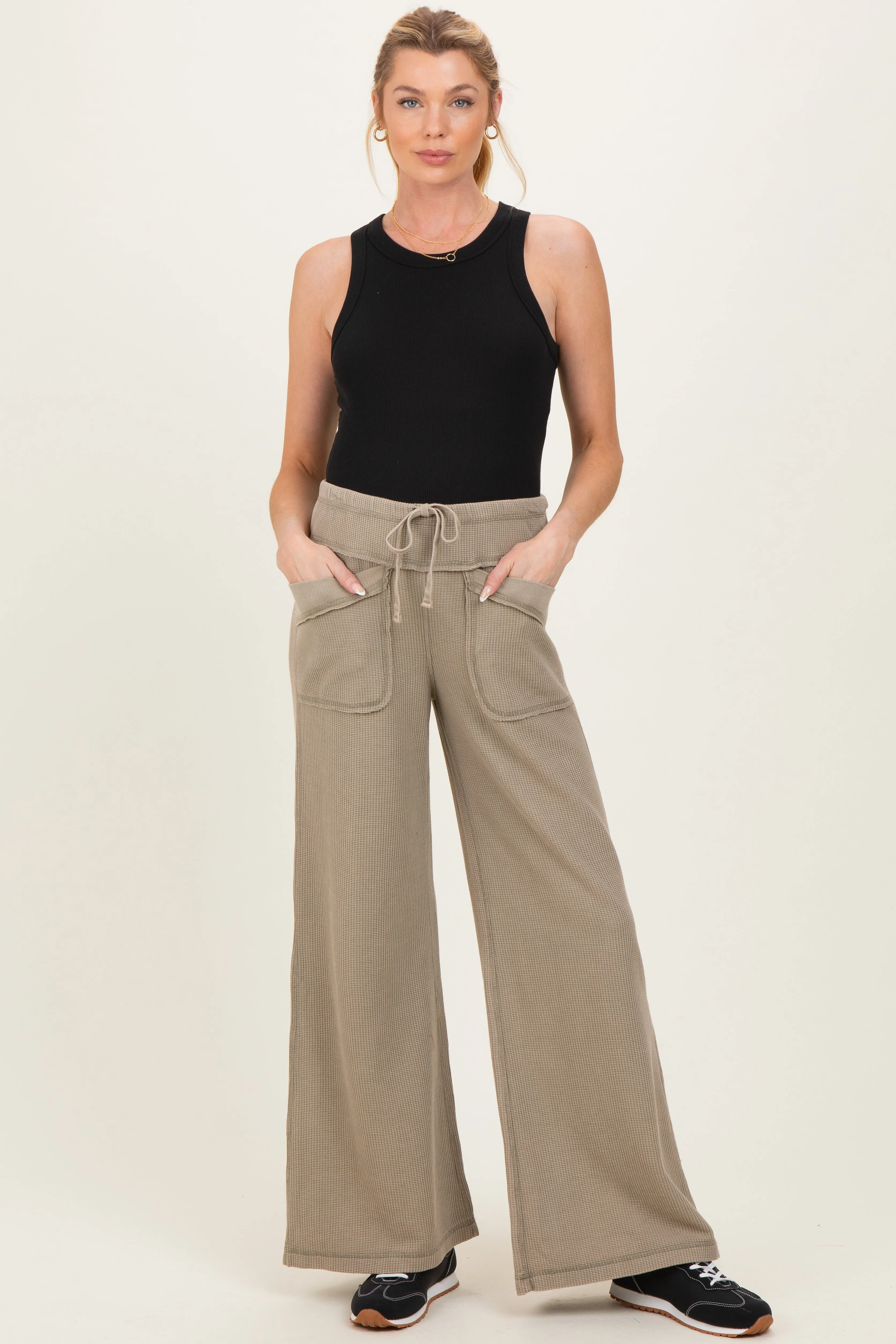 Olive Mineral Wash Waffle Knit Wide Leg Maternity Pants sold by Pinkblush