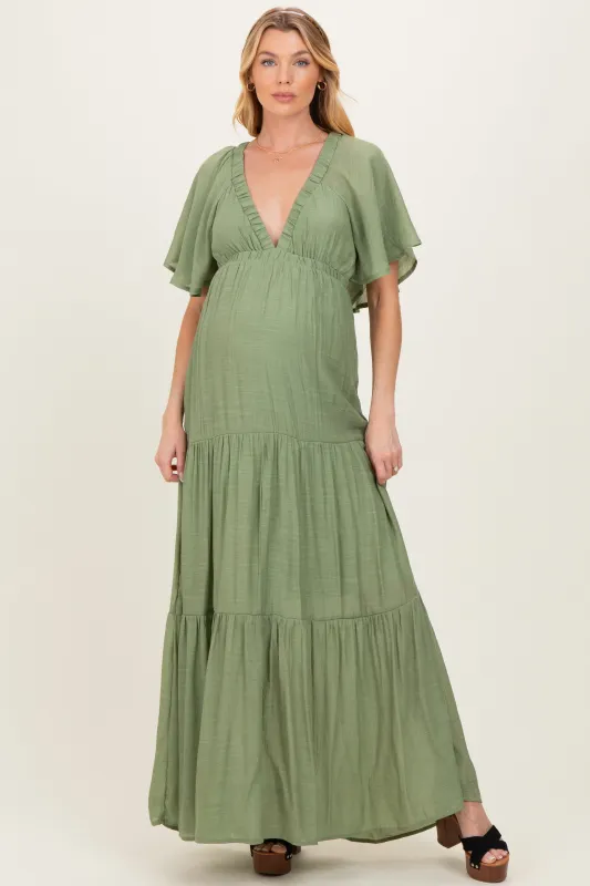 Light Olive Flutter Sleeve Maternity Maxi Dress made by HYFVE