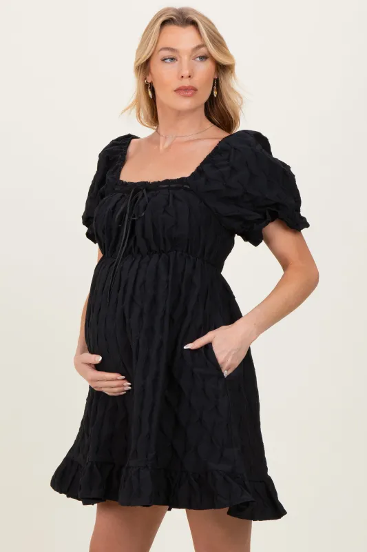 Black Textured Puff Sleeve Maternity Dress made by Pinkblush