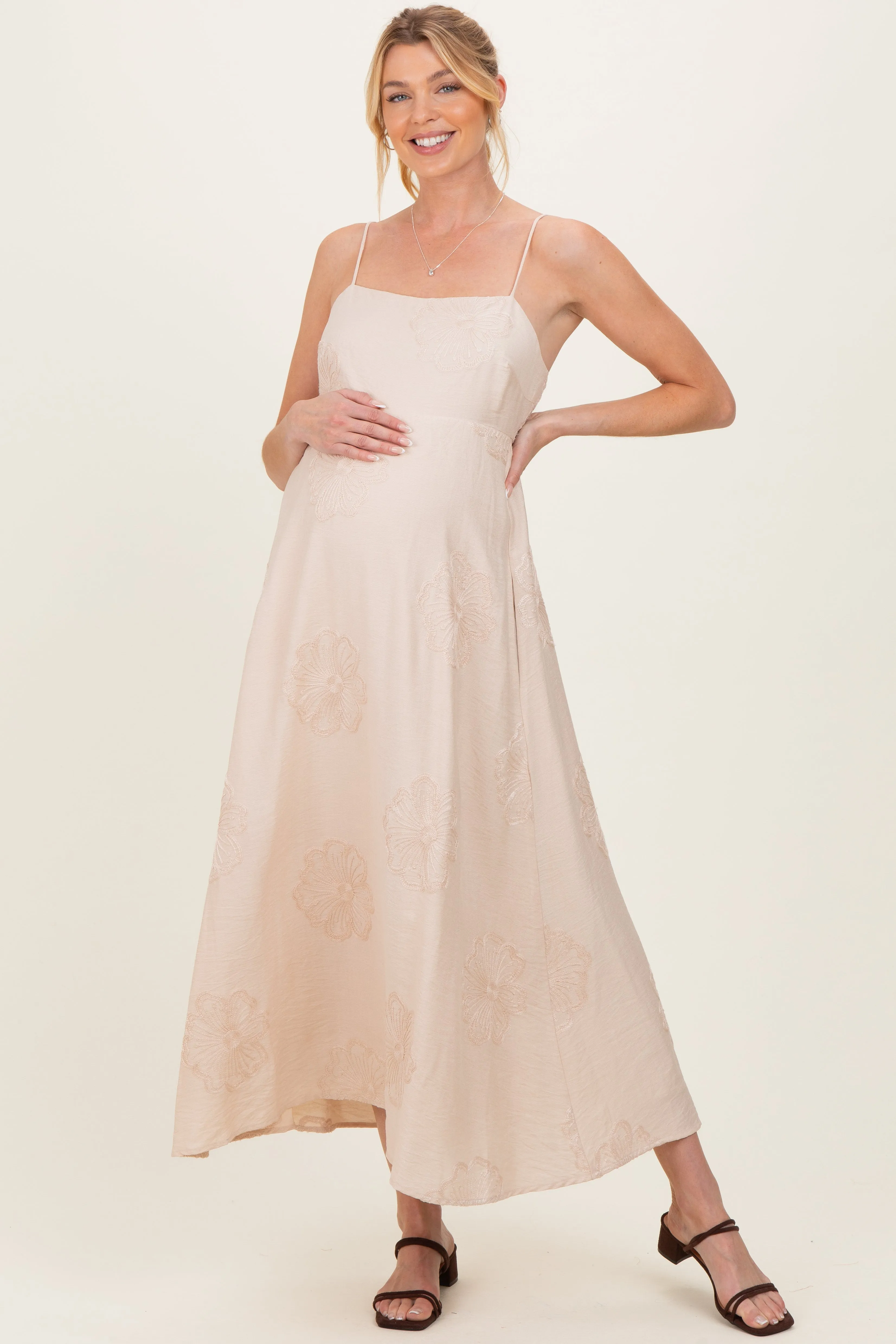 Beige Flower Embroidered Maternity Midi Dress sold by Pinkblush