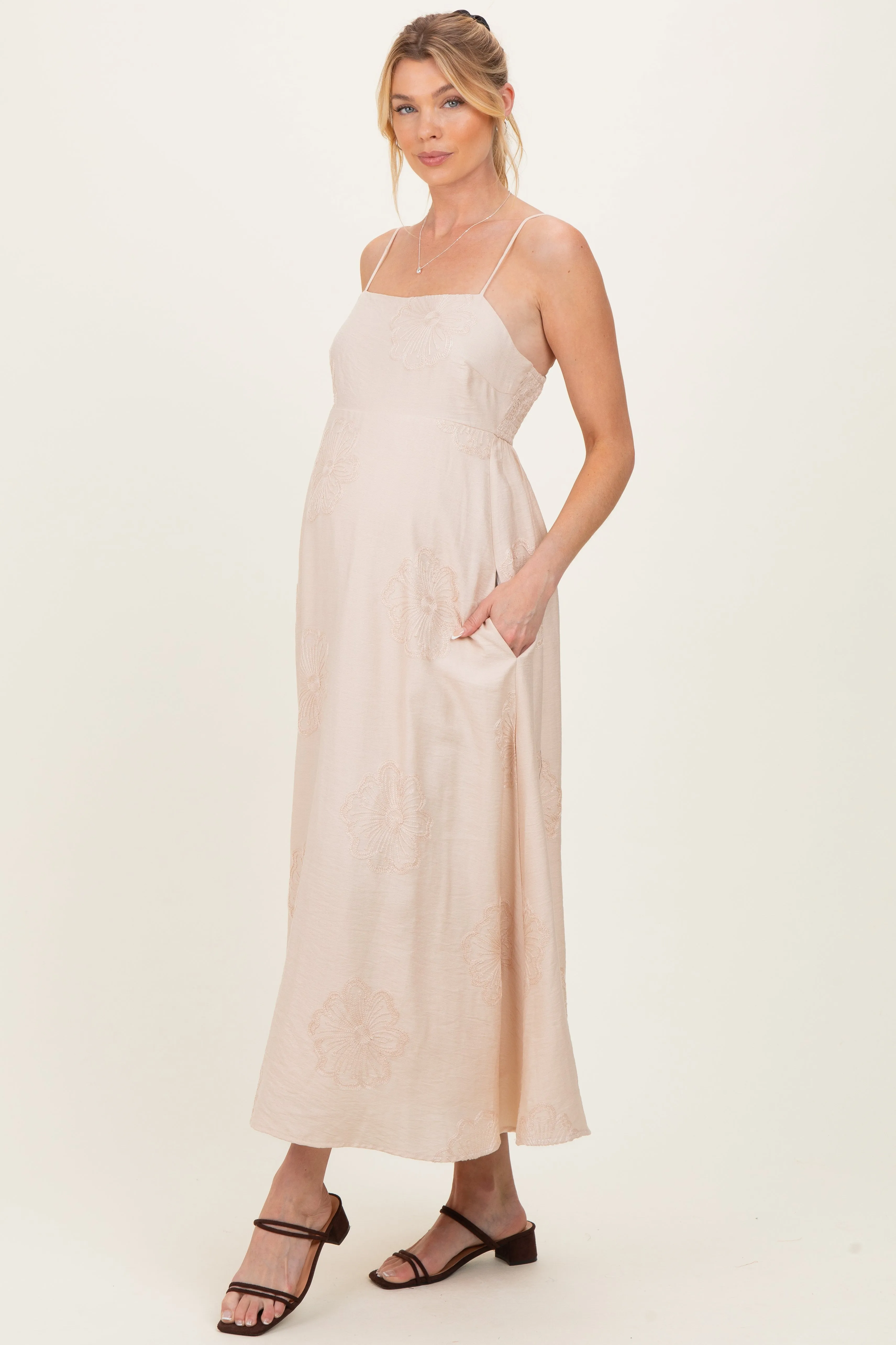 Beige Flower Embroidered Maternity Midi Dress sold by Pinkblush product image thumbnail 2