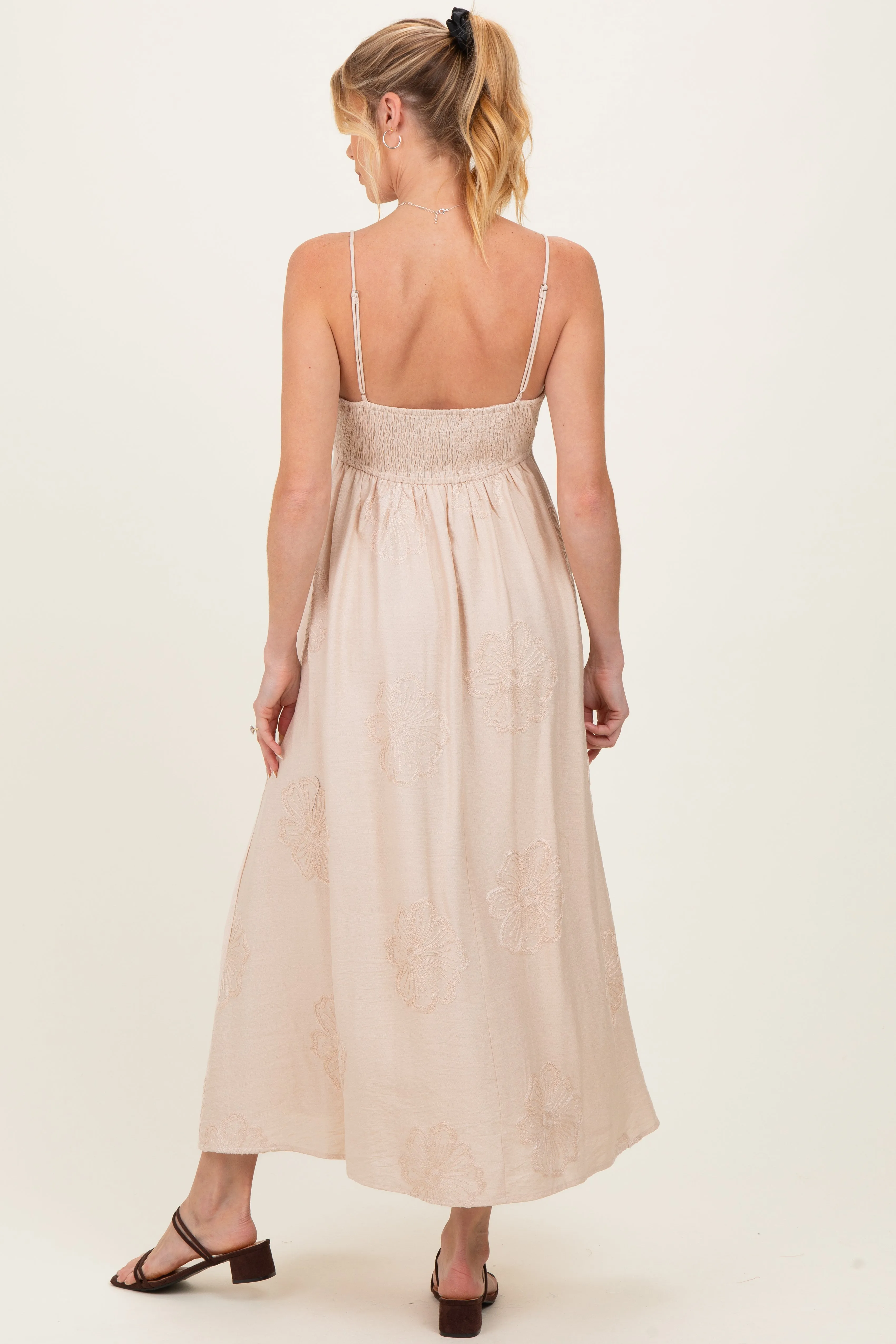 Beige Flower Embroidered Maternity Midi Dress sold by Pinkblush product image thumbnail 3