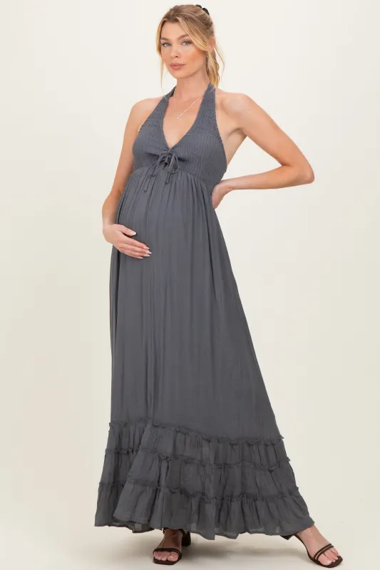 Gray Halter Neck Smocked Maternity Maxi Dress made by HYFVE