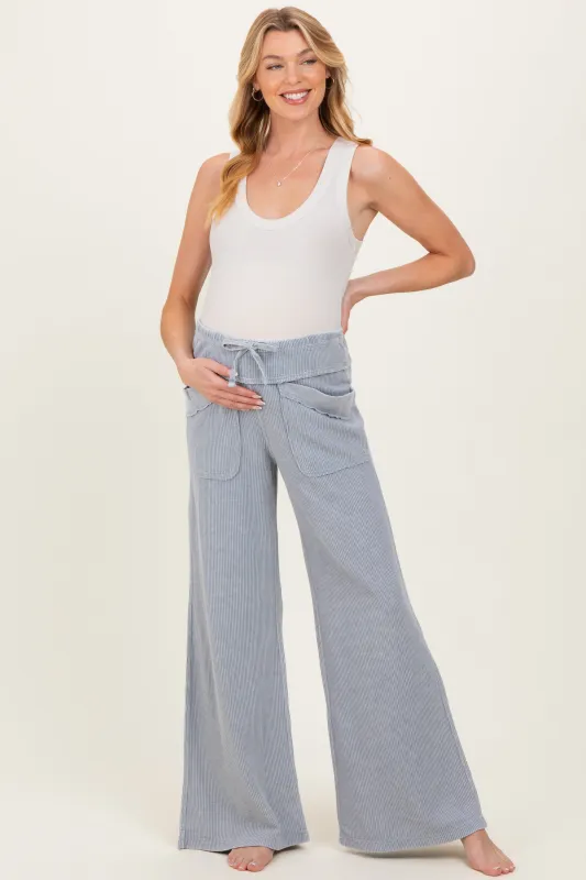 Dusty Blue Mineral Wash Waffle Knit Wide Leg Maternity Pants made by Rae Mode