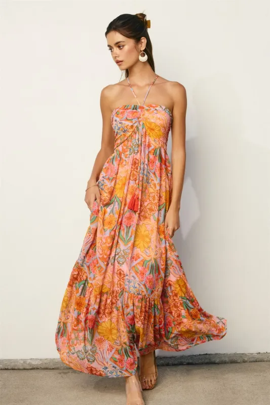 Multicolor Floral Halter Crisscross Back Maxi Dress made by Dress Forum