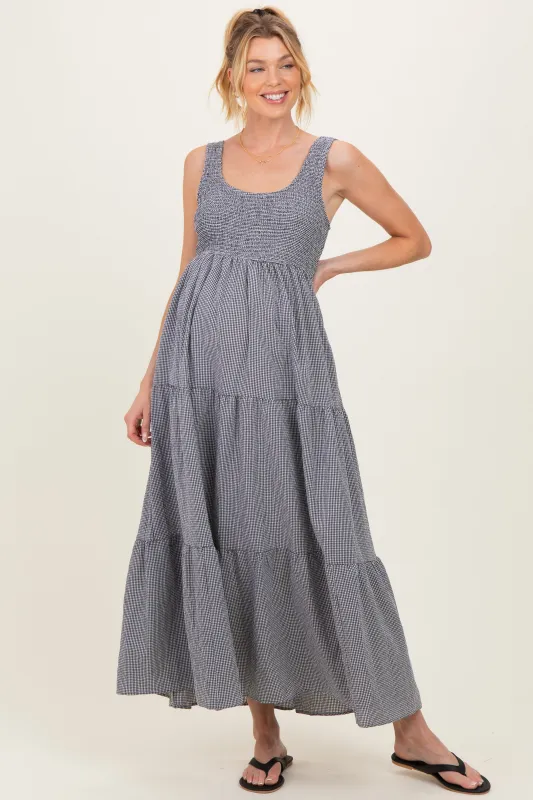 Black Gingham Smocked Bodice Maternity Maxi Dress sold by Pinkblush
