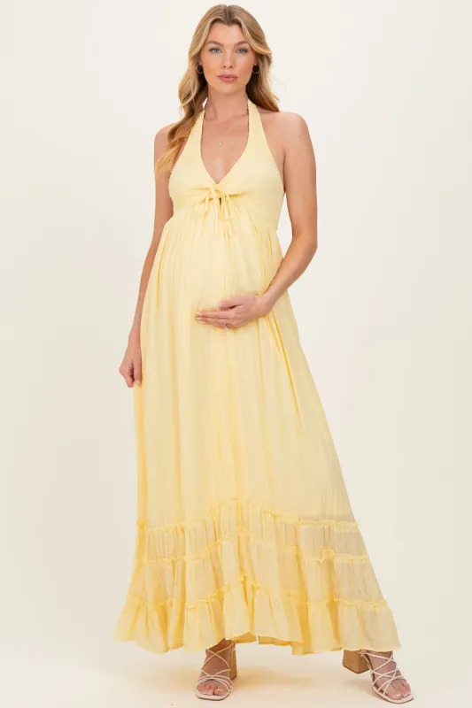 Yellow Halter Neck Smocked Maternity Maxi Dress sold by Pinkblush