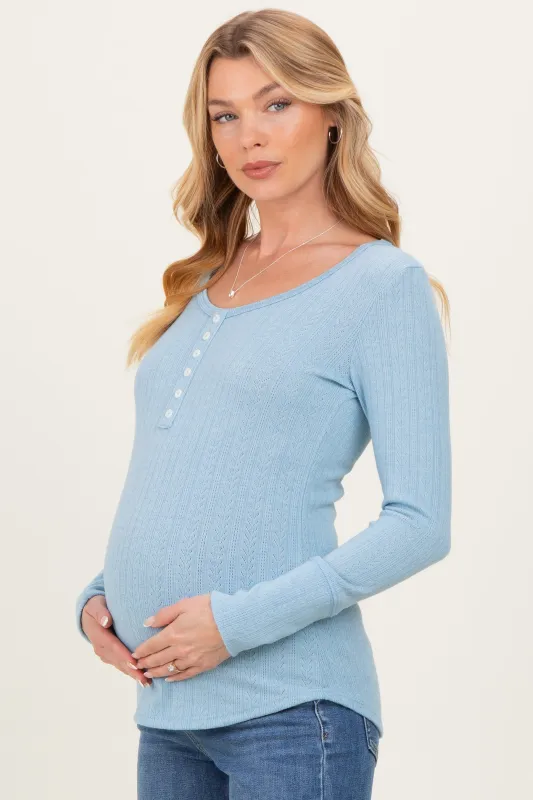 Light Blue Pointelle Knit Maternity Henley Top made by Pinkblush