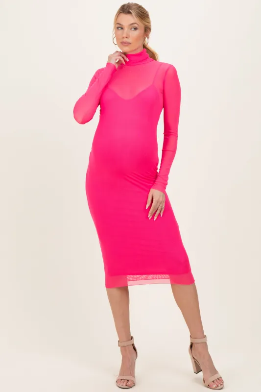 Fuchsia Mesh Overlay Fitted Maternity Midi Dress made by Fore Collection