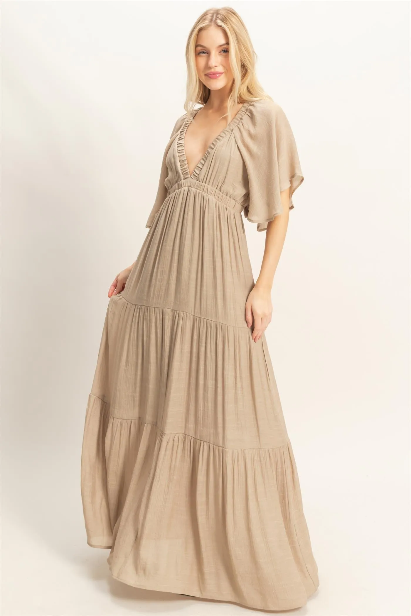 Taupe Flutter Sleeve Maxi Dress sold by Pinkblush product image thumbnail 2