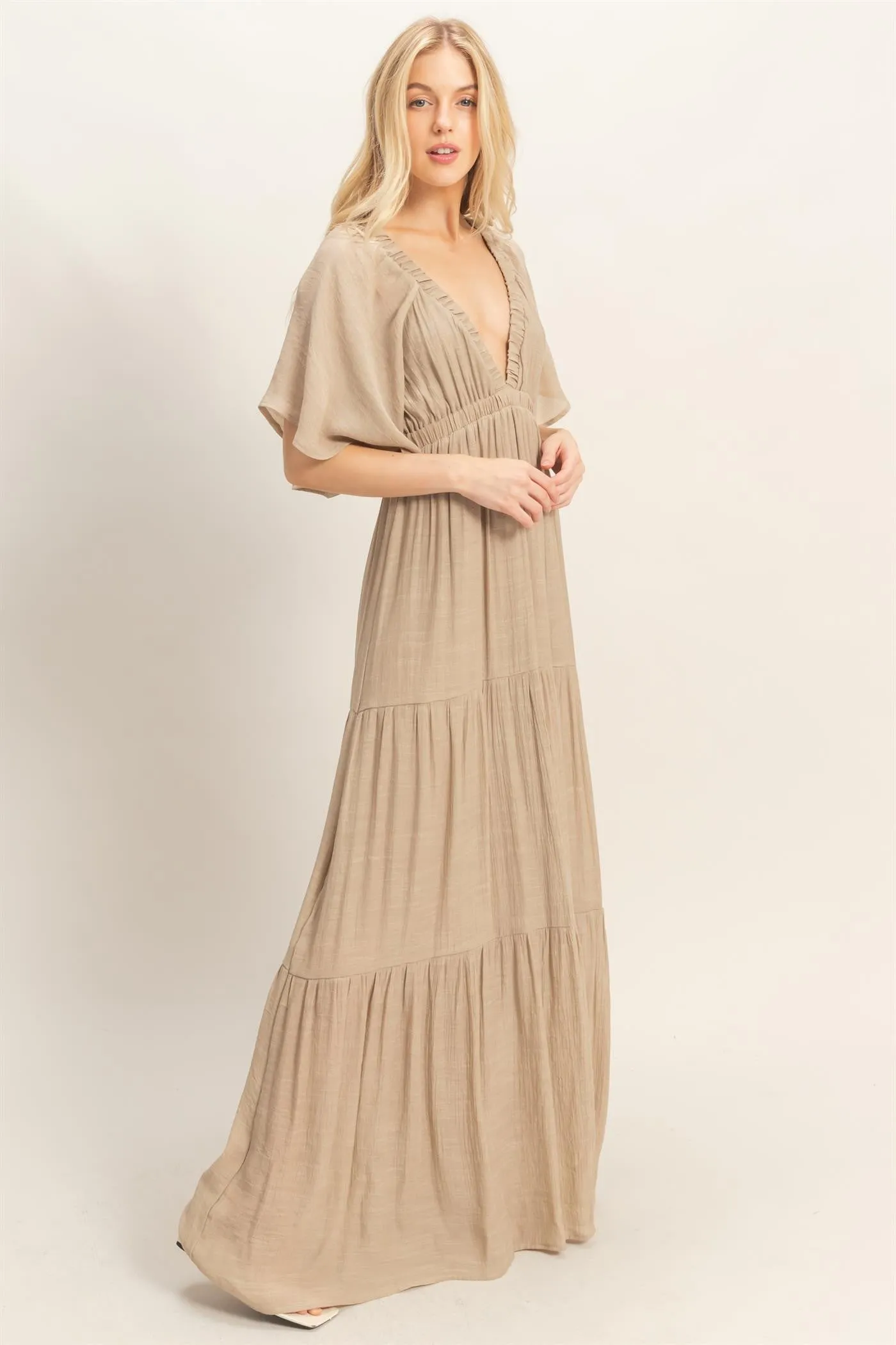 Taupe Flutter Sleeve Maxi Dress sold by Pinkblush product image thumbnail 3