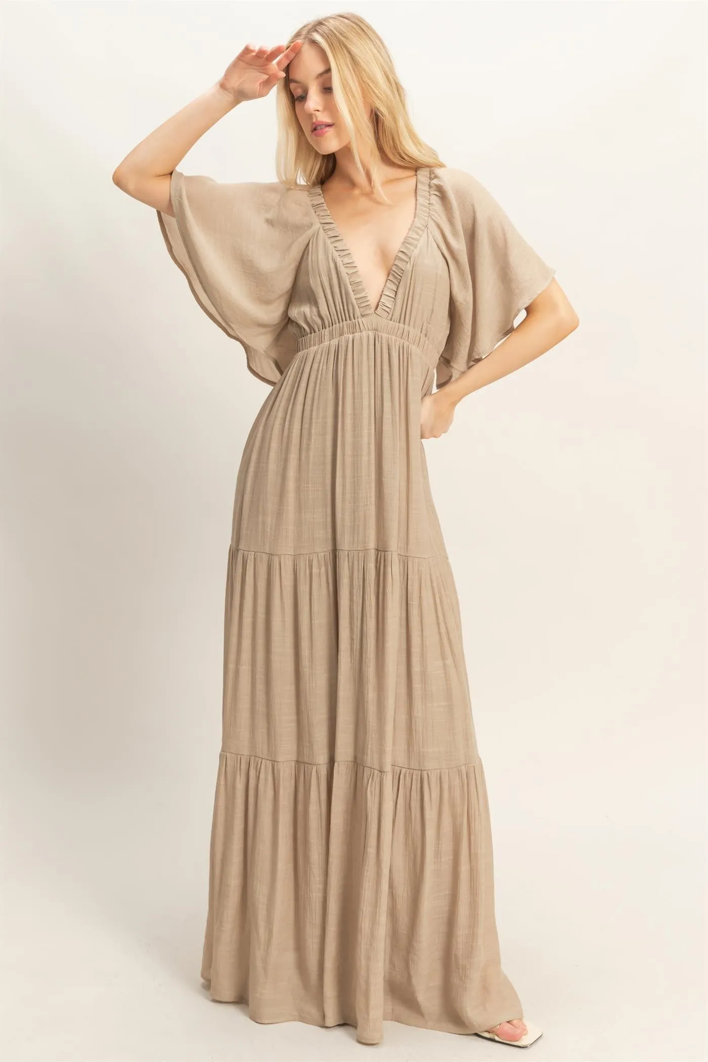 Taupe Flutter Sleeve Maxi Dress sold by Pinkblush