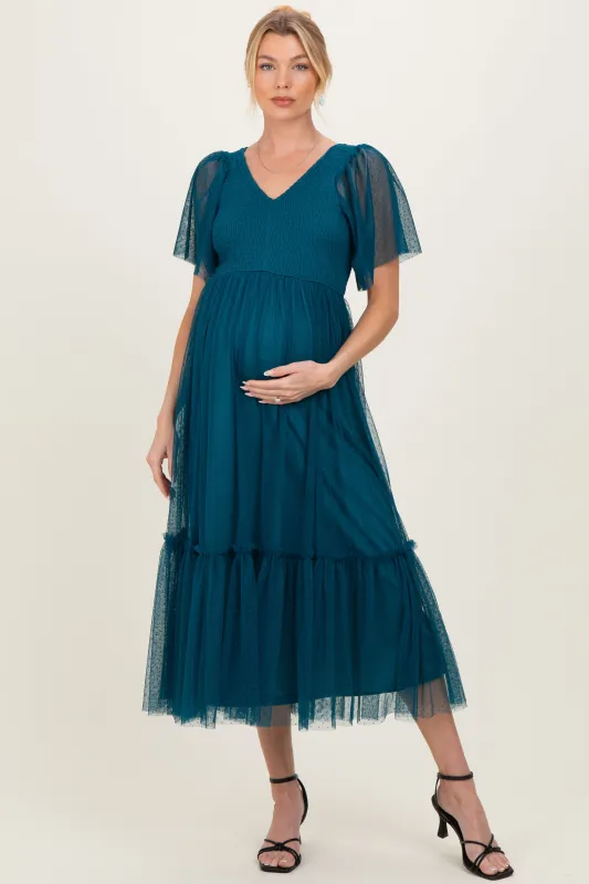 Teal Dotted Tulle Smocked Maternity Midi Dress made by Pinkblush