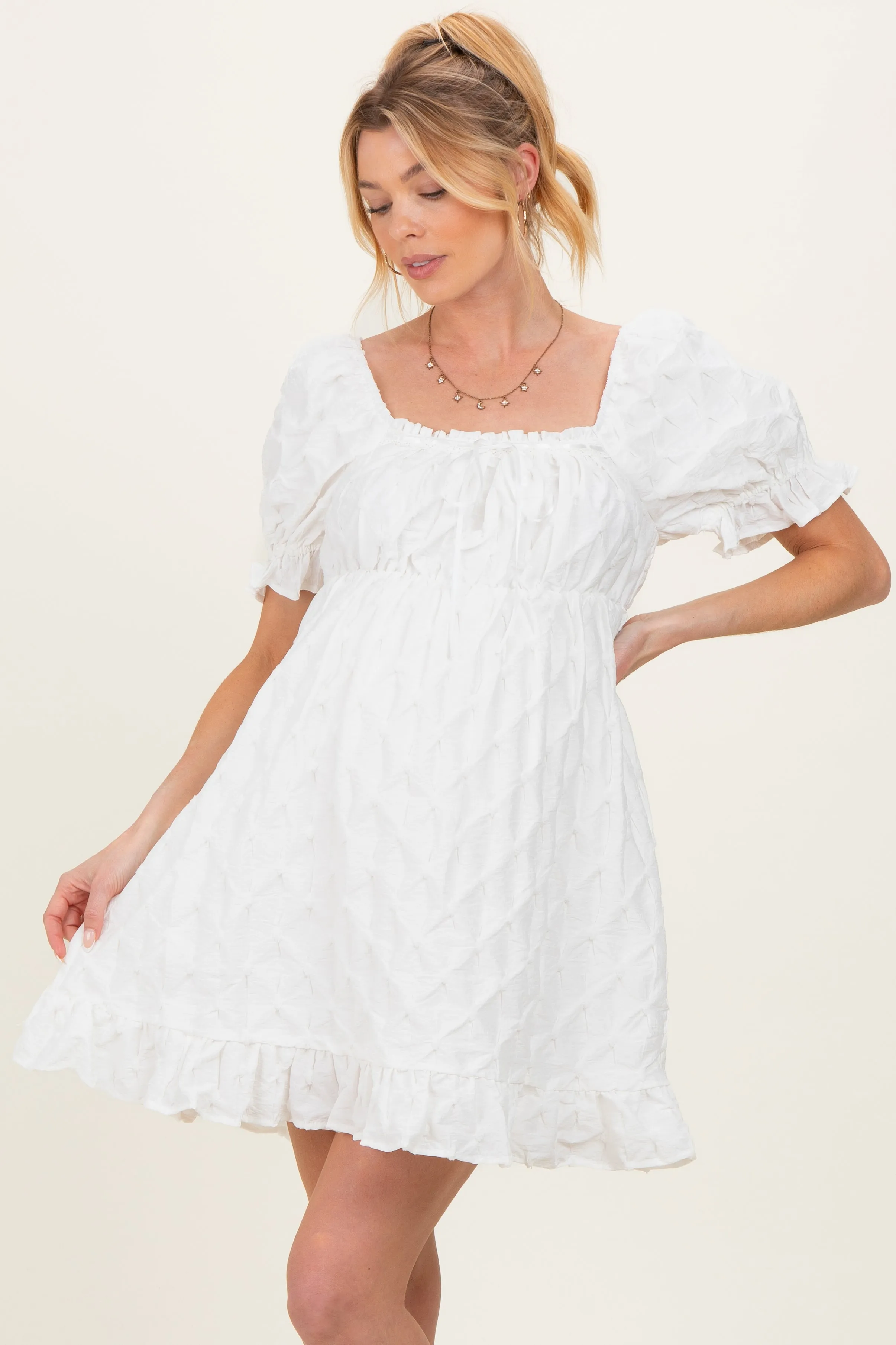 White Textured Puff Sleeve Maternity Dress sold by Pinkblush