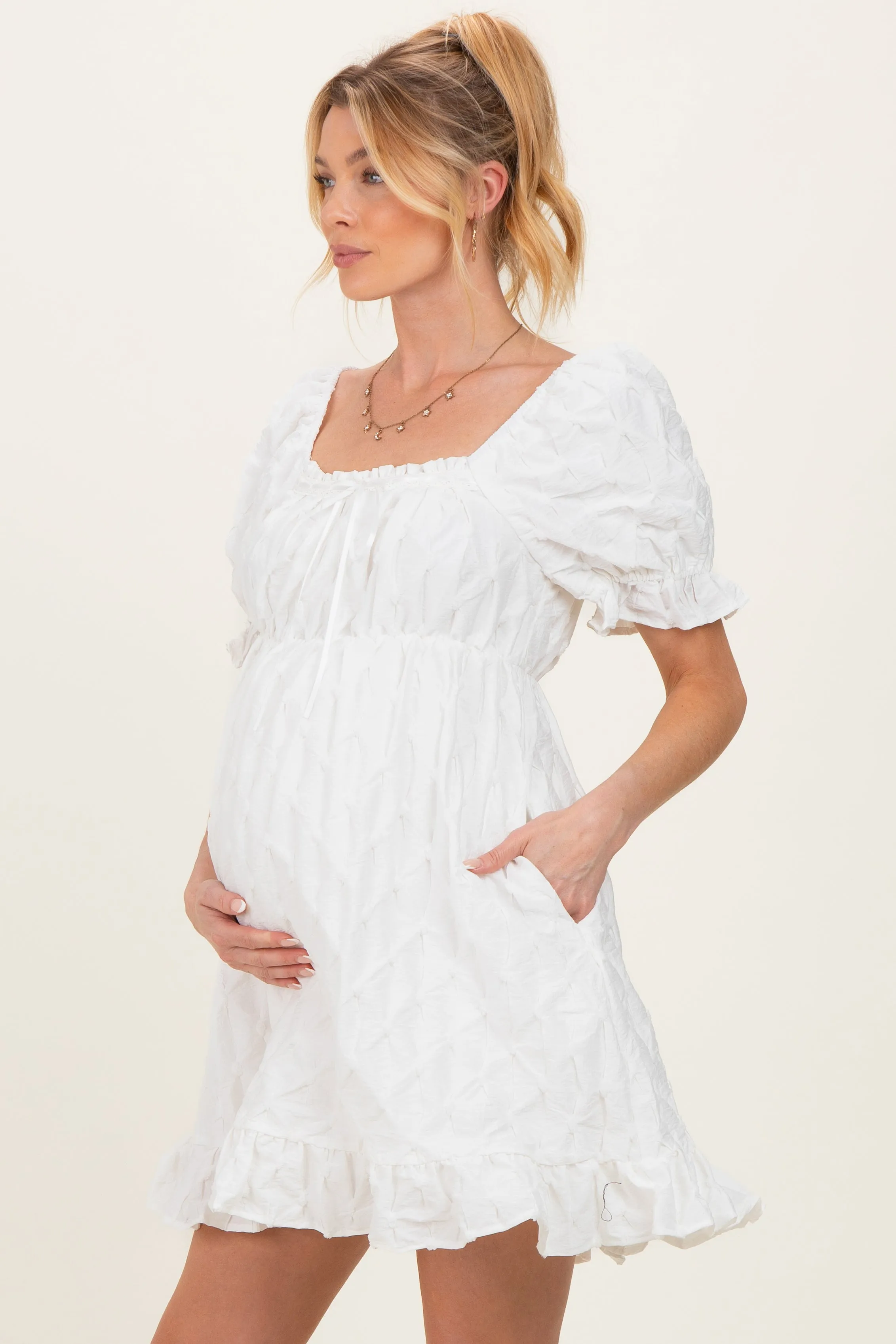 White Textured Puff Sleeve Maternity Dress sold by Pinkblush product image thumbnail 3