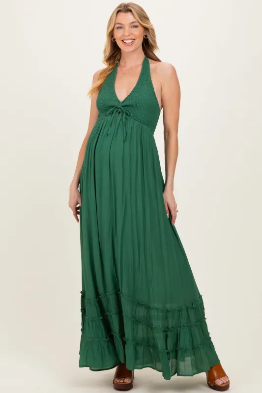Hunter Green Halter Neck Smocked Maternity Maxi Dress sold by Pinkblush