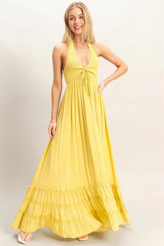 Yellow Halter Neck Smocked Maxi Dress made by Pinkblush