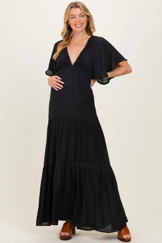 Black Flutter Sleeve Maternity Maxi Dress made by HYFVE