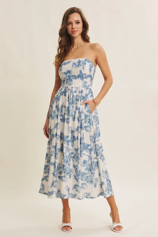 Blue Floral Strapless Midi Dress sold by Pinkblush