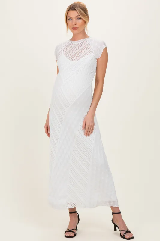 White Mixed Lace Overlay Maternity Midi Dress made by Mustard Seed