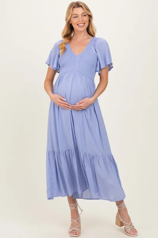 Blue Smocked Maternity Midi Dress sold by Pinkblush